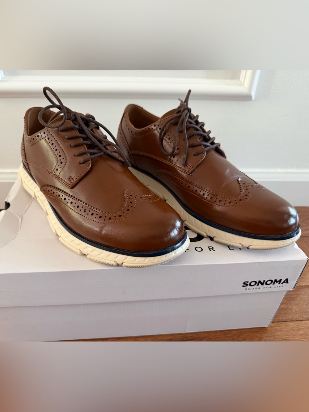 Sonoma Brown Leather Wingtip Derby Oxfords with Cream Sole